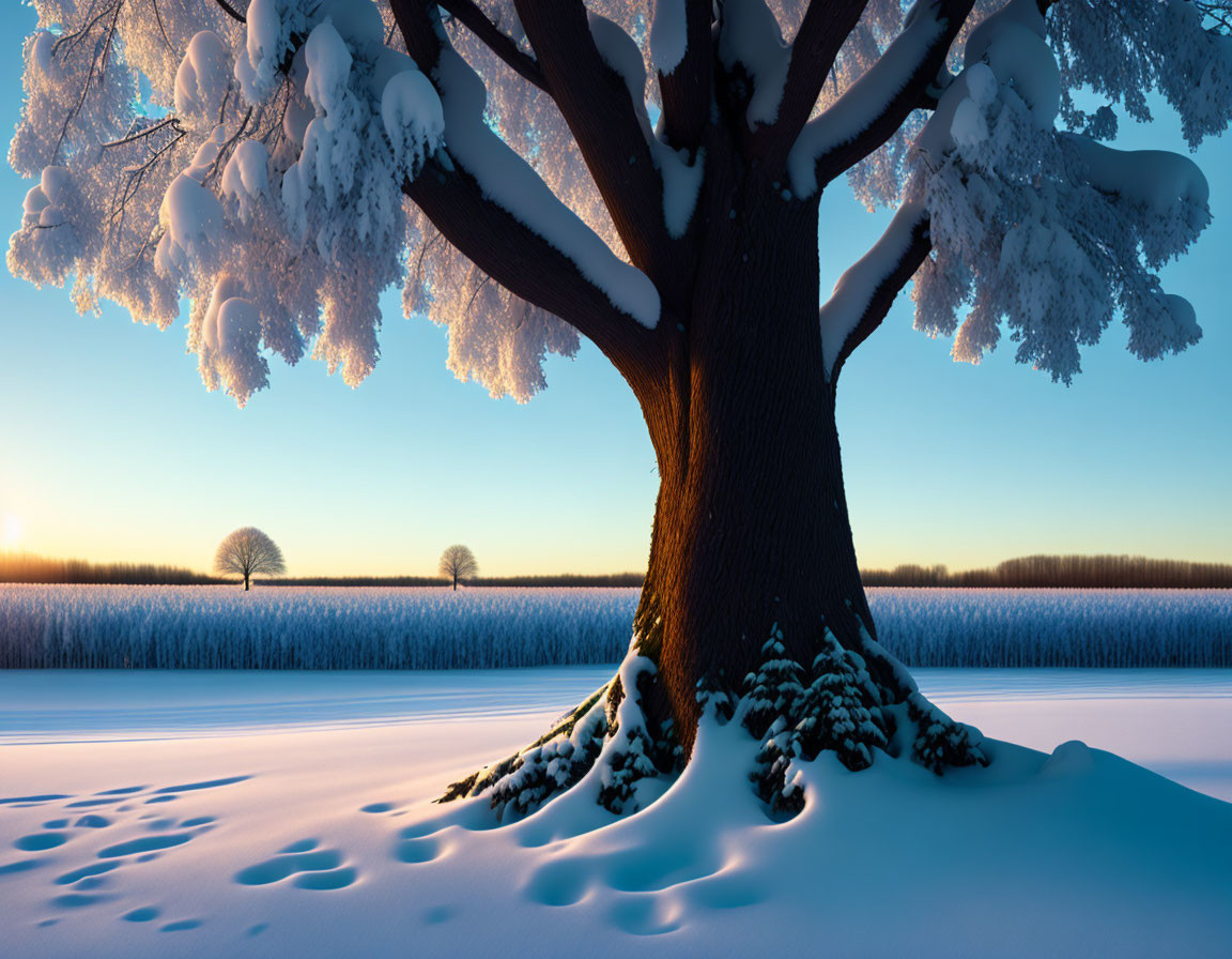 Snow-covered landscape with large tree at sunrise