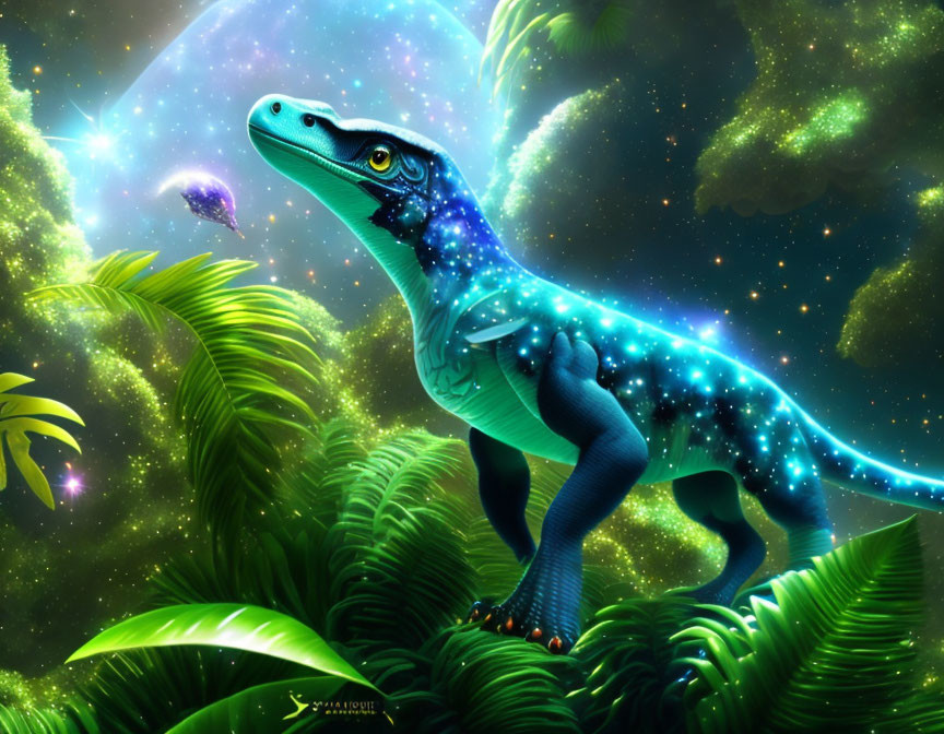 Colorful Velociraptor Artwork in Blue Skin Amid Night Sky