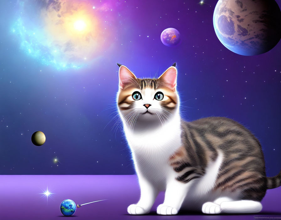 Adorable Cat Digital Illustration with Cosmic Background