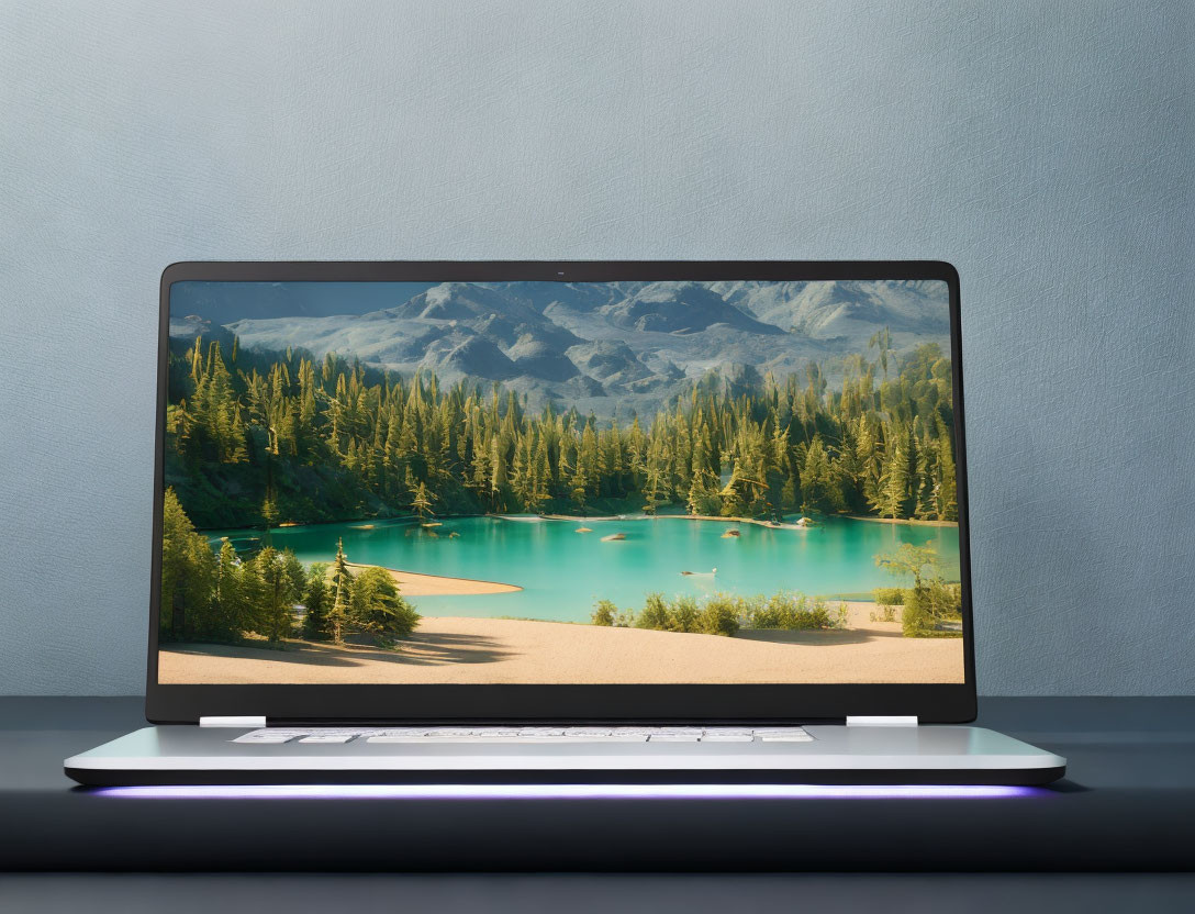 Laptop on Desk with Mountain Landscape Wallpaper