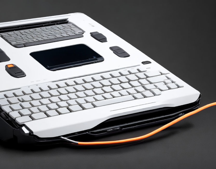 White Gaming Laptop with Orange Accents and Cooling Rear on Dark Background