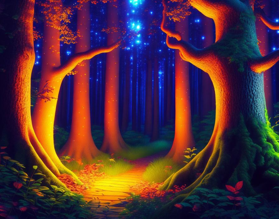 Enchanting night forest with glowing pathway and mossy trees