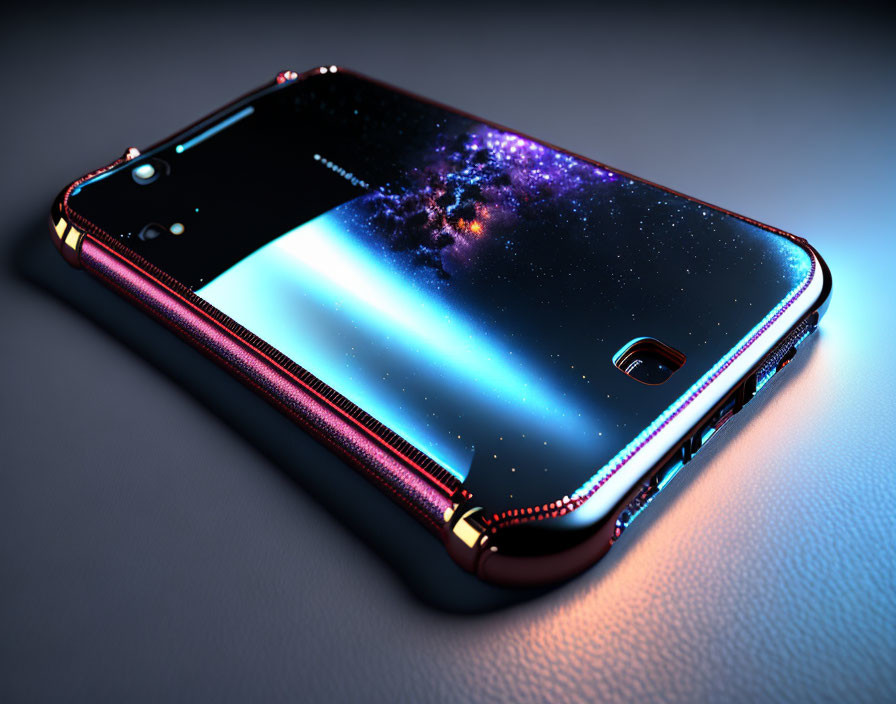 Glossy black smartphone on textured surface with space-themed wallpaper