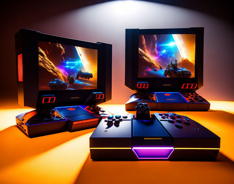 Vintage gaming consoles with controllers showcasing colorful sci-fi game graphics