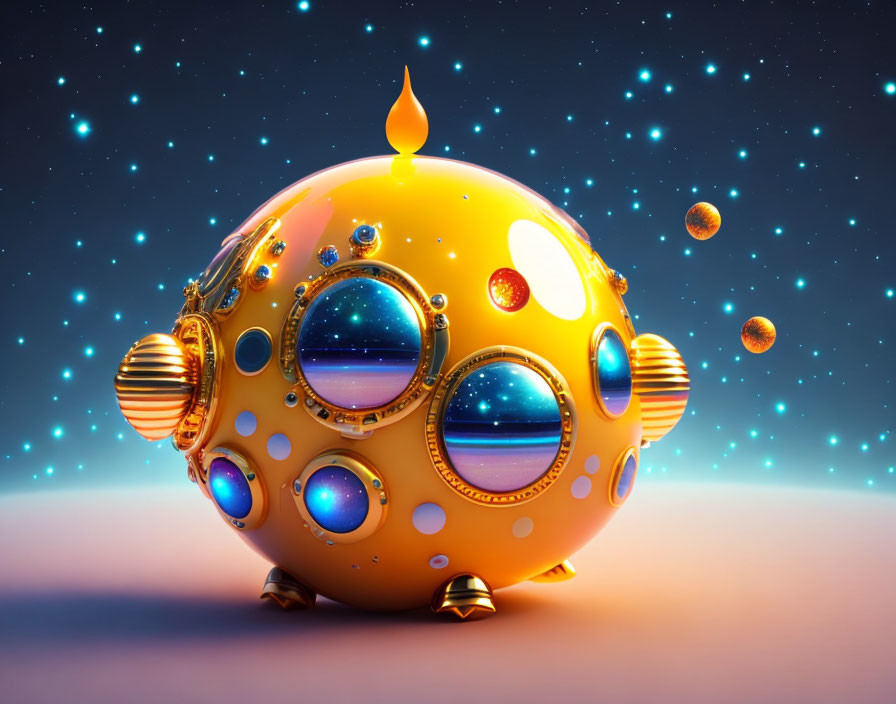 Glossy orange spherical object with portholes, gems, and flame on starry background