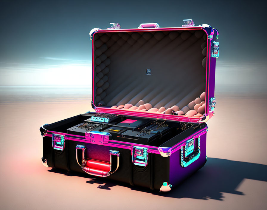 Black and Pink DJ Case with Neon Turntable Setup on Reflective Surface