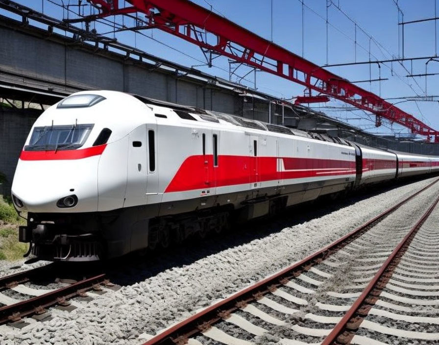 White and Red Passenger Train on Tracks with Catenary System