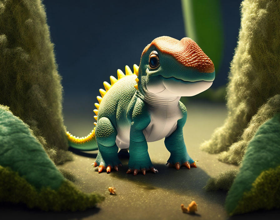 Colorful baby dinosaur in green plant textures with pebbles