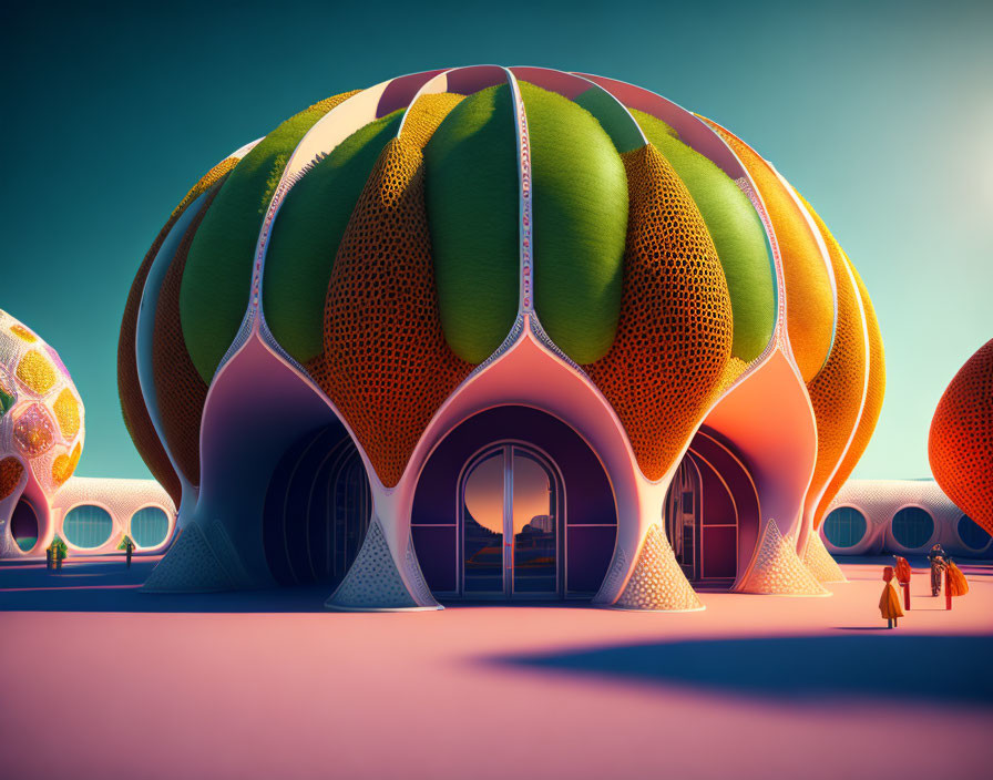 Colorful futuristic domed buildings in stylized landscape with figures walking towards central structure under pinkish sky