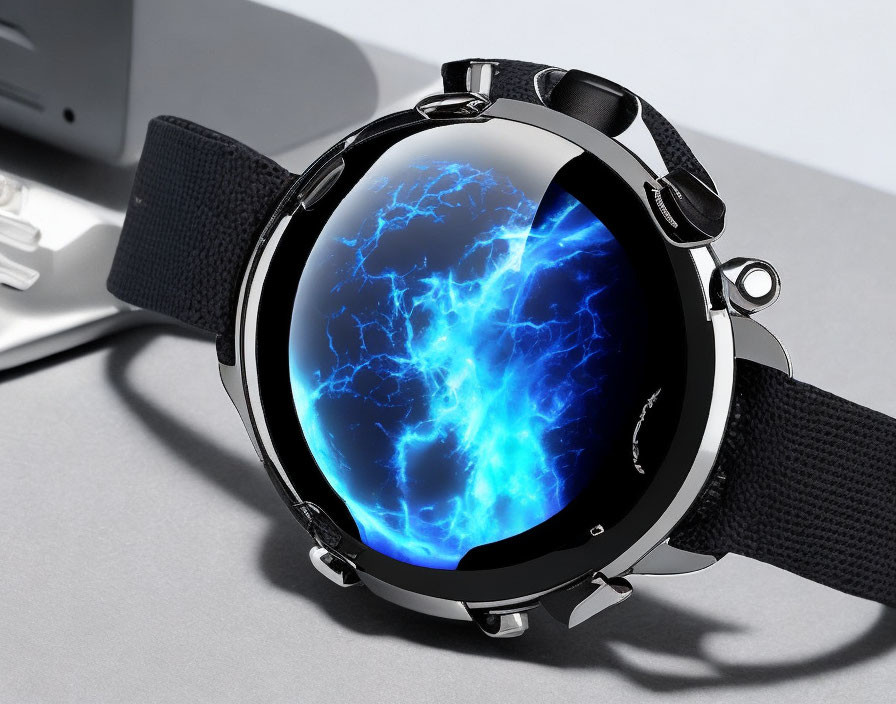 Abstract Blue Lightning Design Wristwatch with Black Dial & Strap