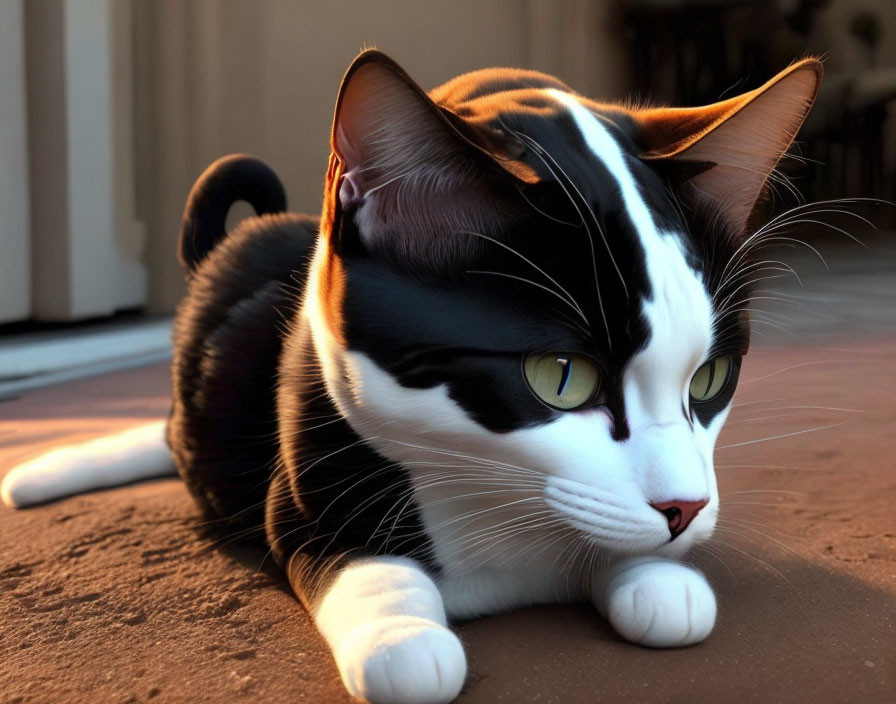 Black and White Cat with Yellow Eyes Resting in Sunlight