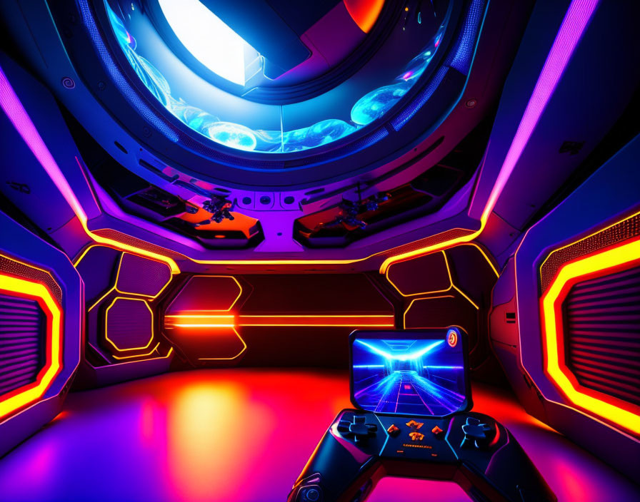 Vibrant neon LED lights in futuristic gaming setup