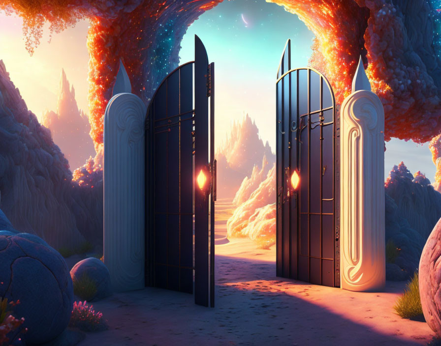 Ornate gates frame mystical galaxy pathway with alien flora