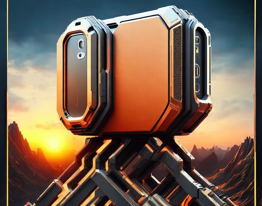 Futuristic rugged suitcase on metal stand in alien landscape at sunset