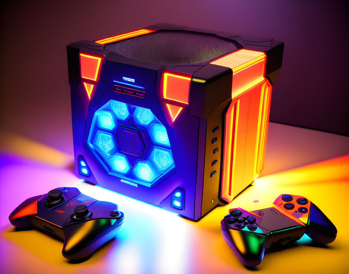 Colorful Gaming Speaker with Neon Lights & Controllers on Gradient Background