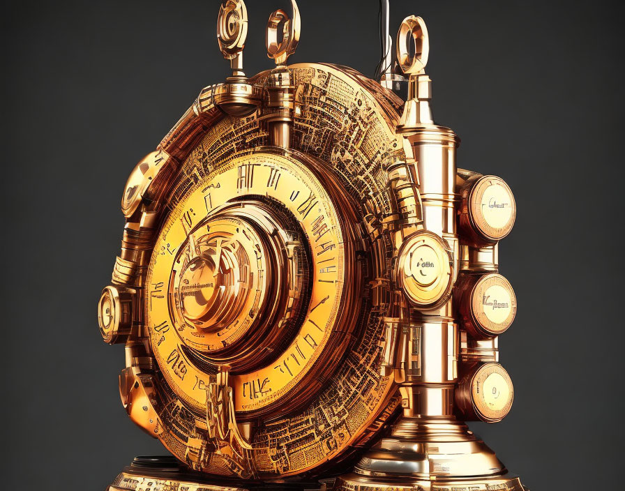 Intricate Golden Mechanical Device on Dark Background