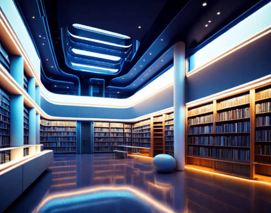 Modern Library with Blue Lighting and Futuristic Design Elements