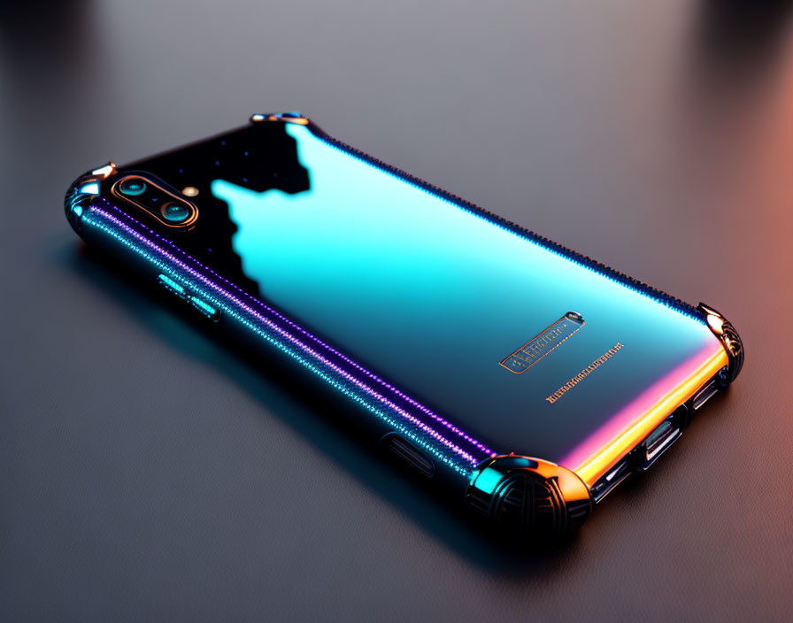 Metallic bumper case smartphone displaying blue, purple, and orange gradient