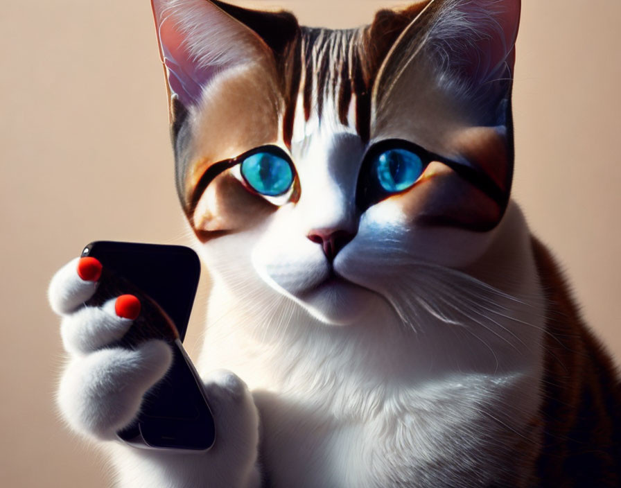 Cat with human-like eyes and hands holding smartphone and wearing glasses on beige background