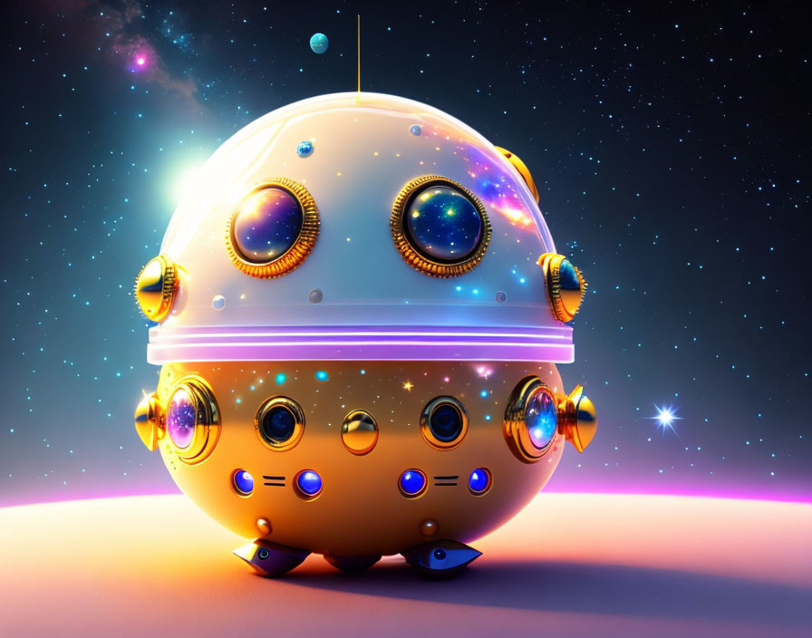 Futuristic spherical spacecraft with circular windows in vibrant space scene