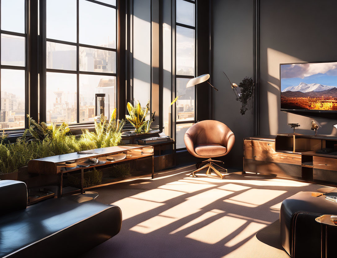 Contemporary office with sunset city view, plants, leather armchair, wooden desks, and mountain monitor