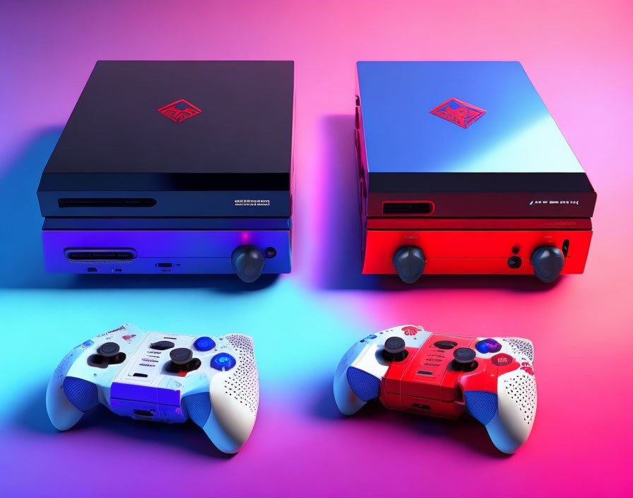 Custom Gaming Consoles & Controllers on Pink and Blue Gradient Background