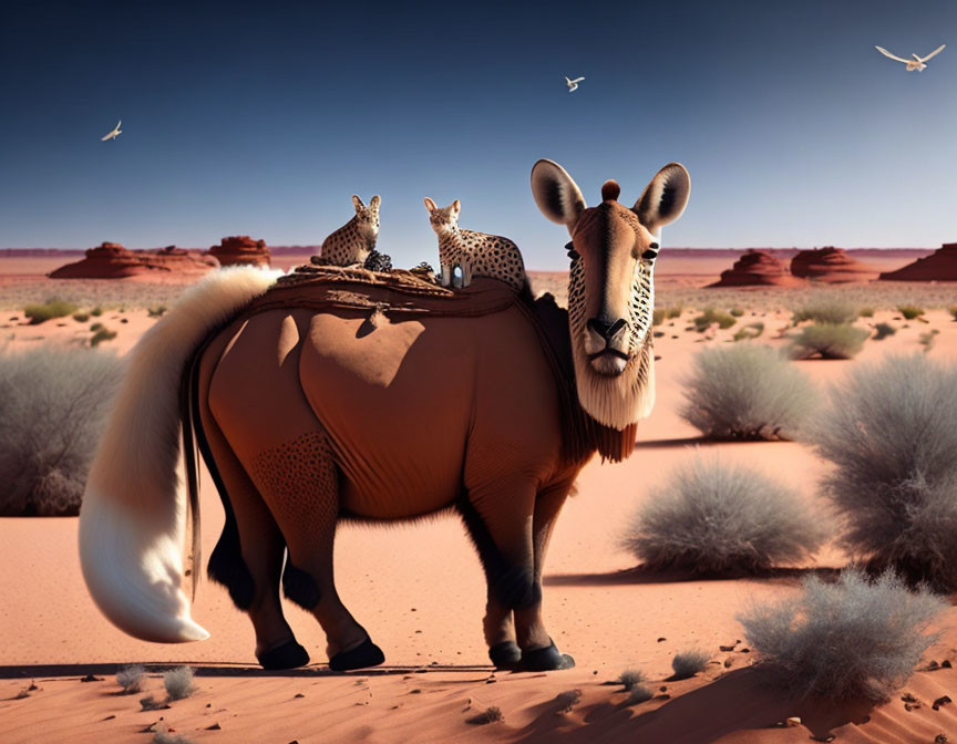 Surreal desert scene: horse with giraffe head, cheetahs, birds