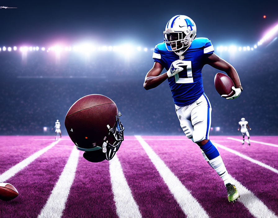 Blue and white football player running on field with stadium lights and extra football.