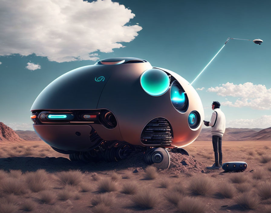 Person beside futuristic spherical vehicle in desert with hovering drone