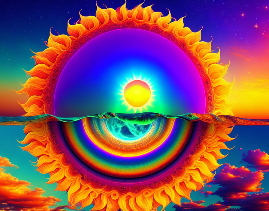 Vibrant surreal sun with fiery corona above galaxy-patterned water and starry sky