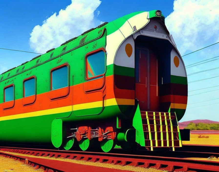 Colorful cartoonish train with green body, orange stripe, red wheels, and open back door on