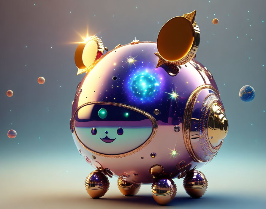 Galaxy-themed round robotic character with gold accents and smiling face on space backdrop