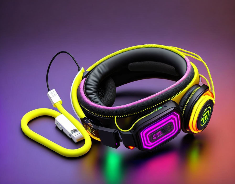 Vibrant Gaming Headphones with Neon Accents on Reflective Surface