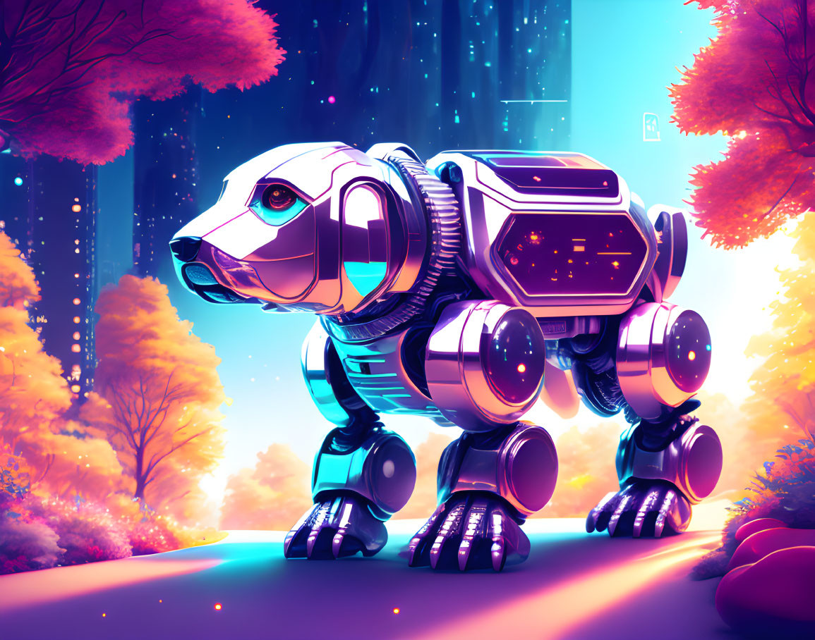 Futuristic robotic dog in vibrant fantasy landscape