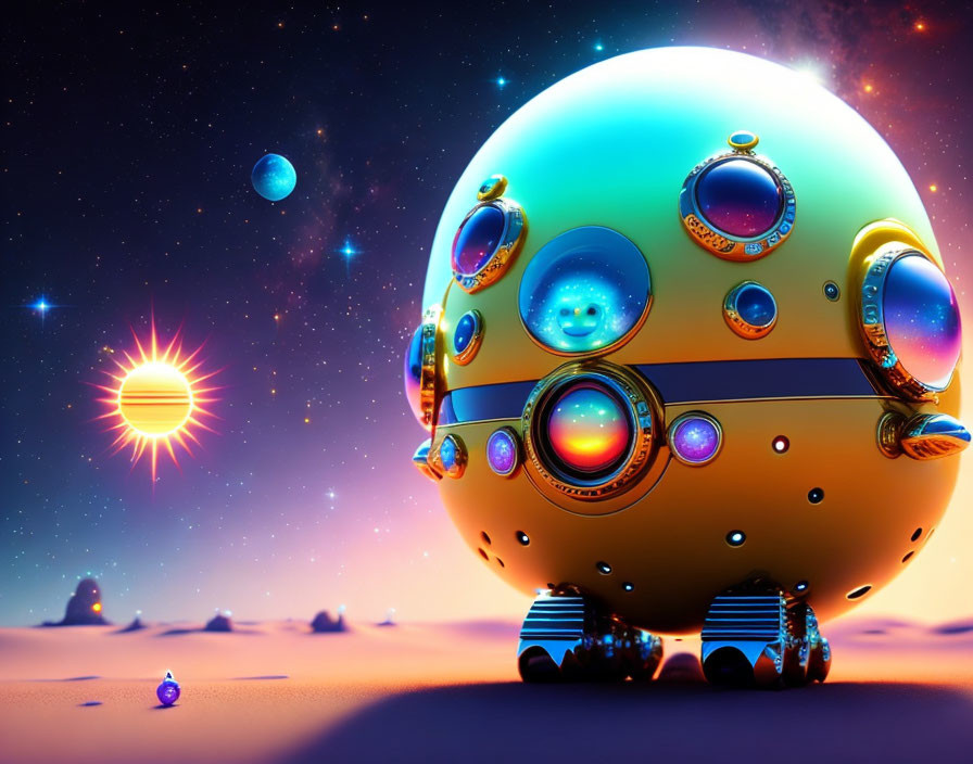 Colorful Spherical Vehicle on Alien Planet Desert Under Starry Sky