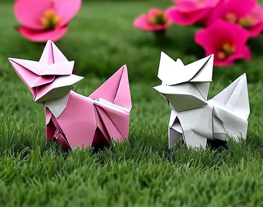 Origami foxes on grass with pink flowers