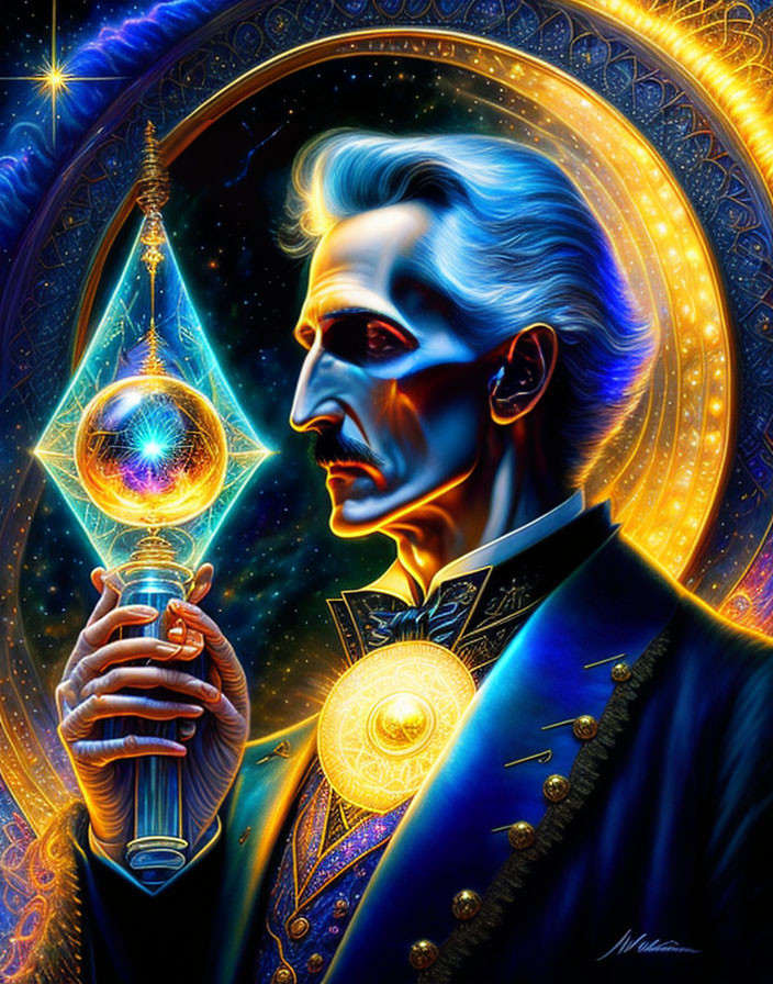 Colorful Portrait of Inventor with Glowing Orb and Cosmic Motifs