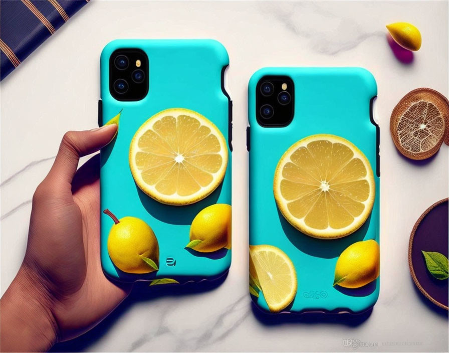 Hand holding phone with blue lemon case on white surface with lemon slices