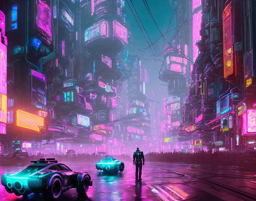 Futuristic cyberpunk cityscape with neon signs, silhouetted figure, and advanced cars