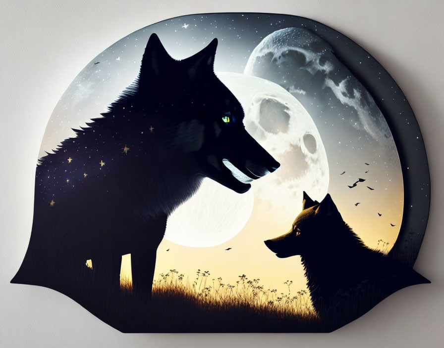 Illustration of two wolves under full moon