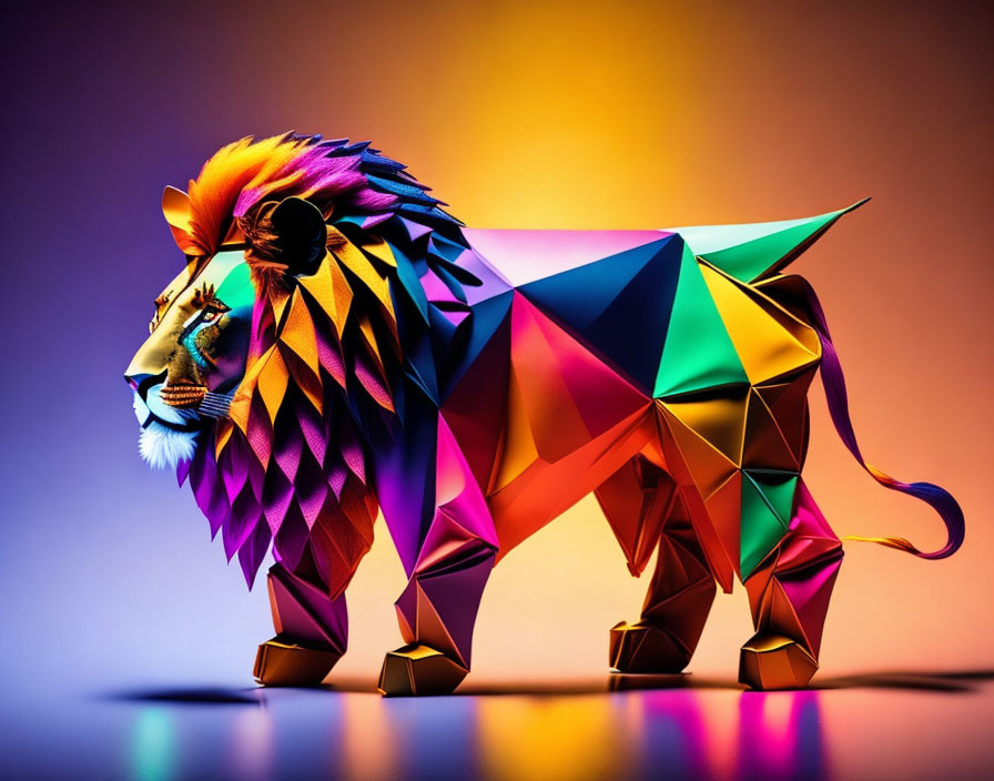 Multicolored geometric lion sculpture on gradient background