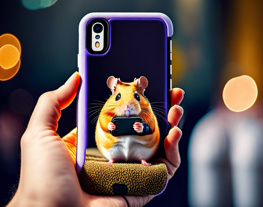 Humorous edited photo: Hamster with tiny smartphone on hand with large phone