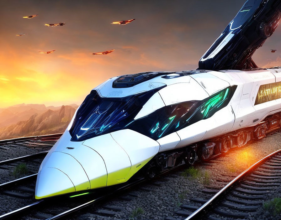 Futuristic train with green lights speeds past mountains at sunset