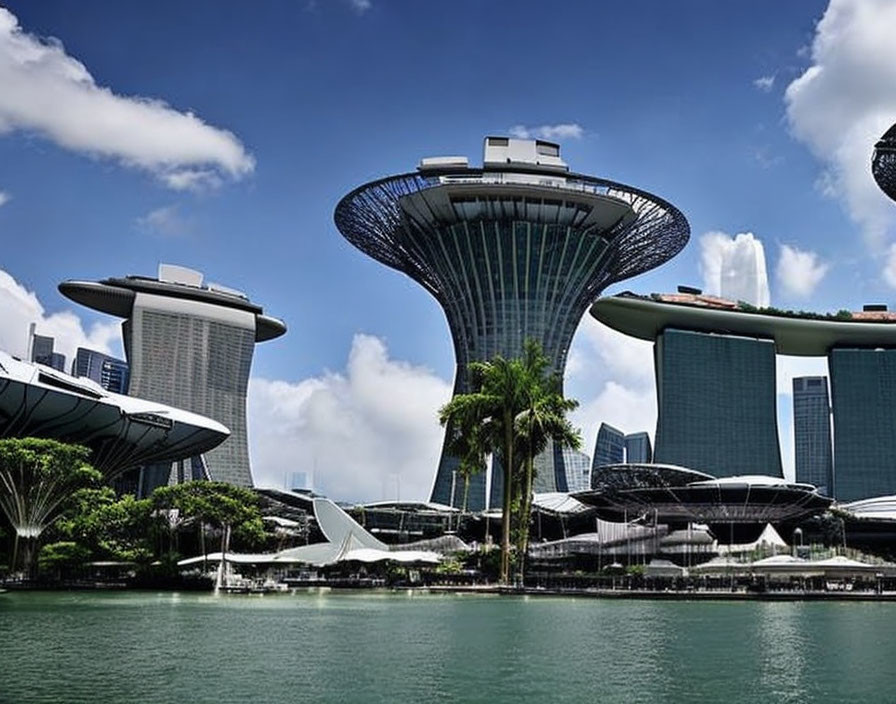 Unique futuristic architecture designs with tree-like tower, ship-like structure, and modern buildings near water under blue