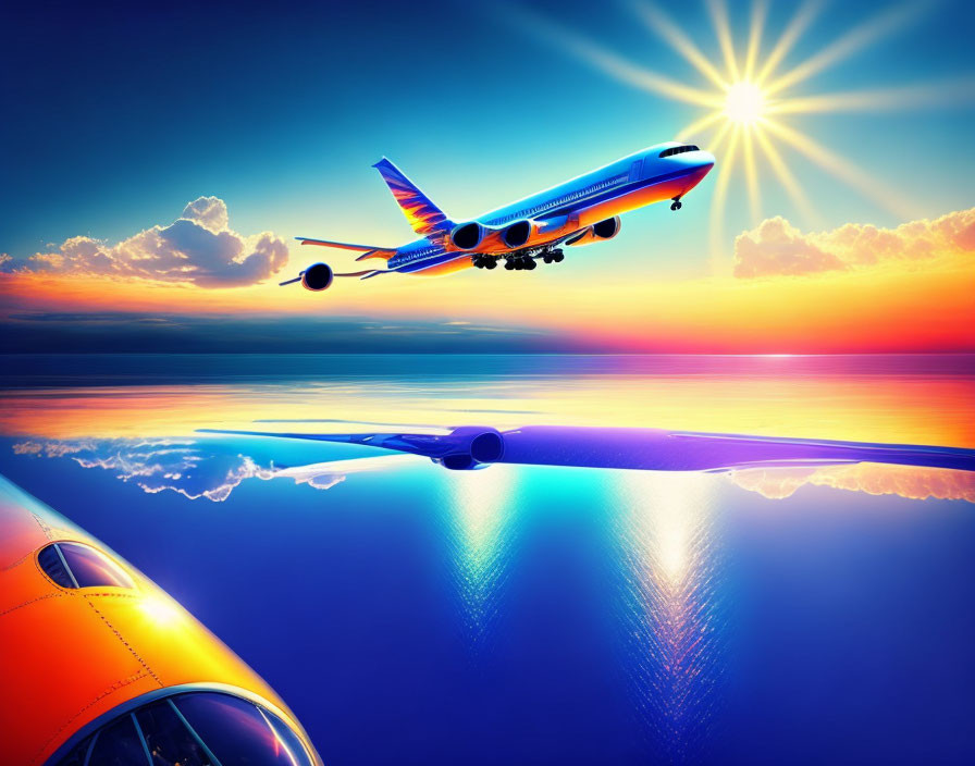 Airplane flying over calm ocean at sunset with vibrant colors and bright sun