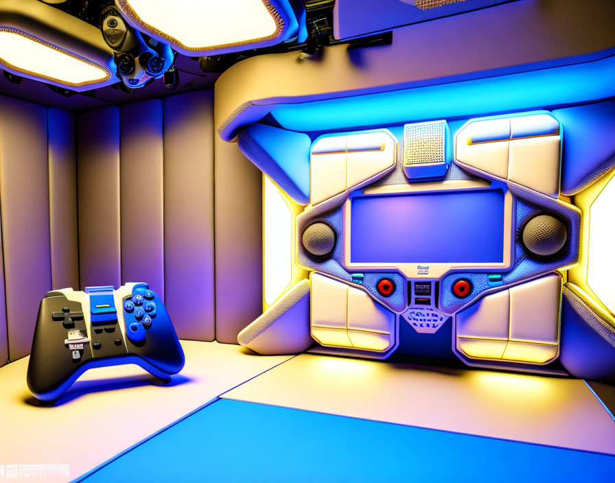 Futuristic Gaming Setup with Blue and Yellow Theme