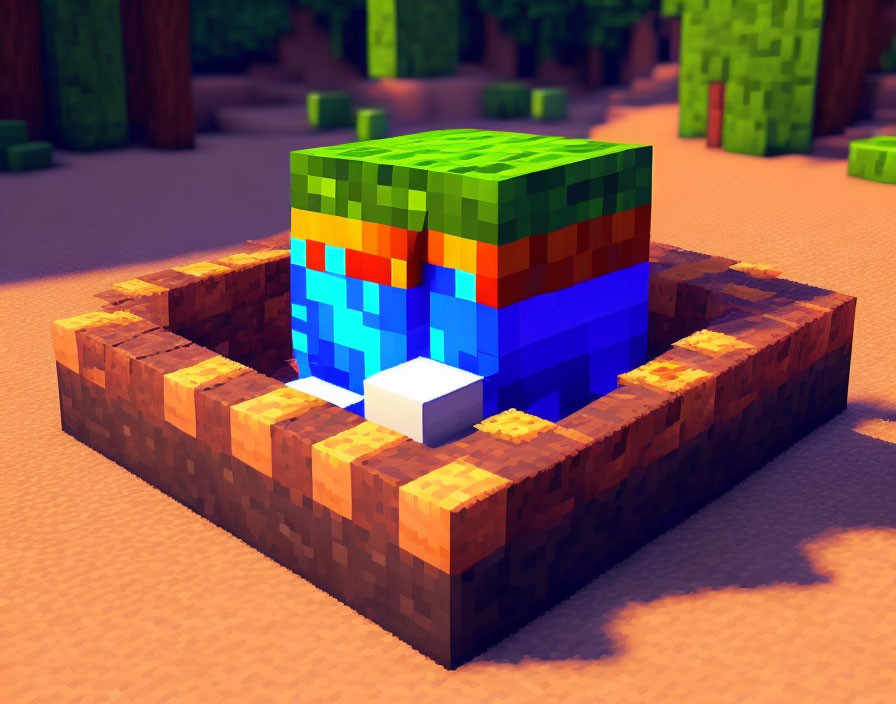 Pixelated cube-shaped Earth model in Minecraft-style trench.