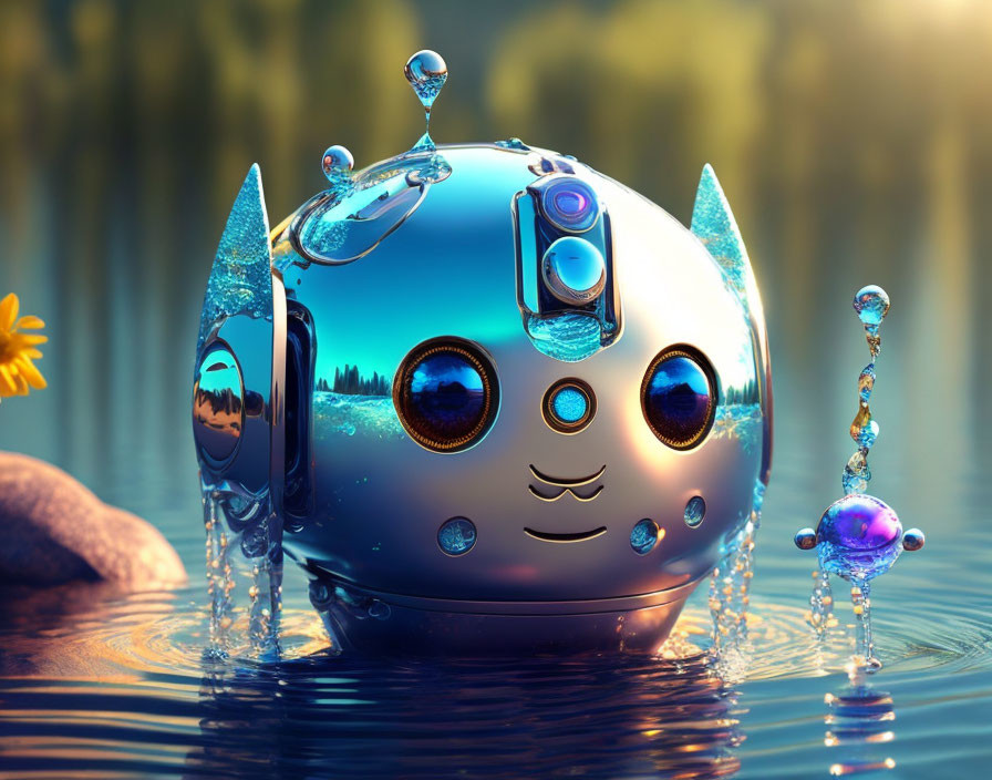 Shiny robotic head partially submerged in water with miniaturized versions on surface