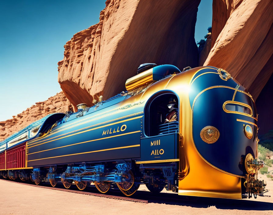 Vintage blue and yellow train "MILLO" in rocky desert canyon