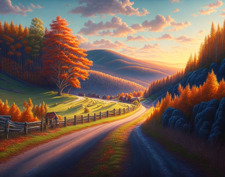 Tranquil sunset landscape with winding road, wooden fence, and autumn trees